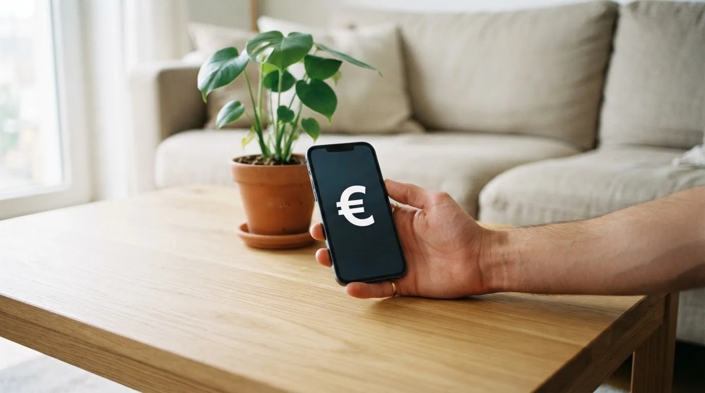 Mano sostiene un teléfono móvil mostrando una pantalla de inicio genérica sobre una mesa de café con una planta al fondo.