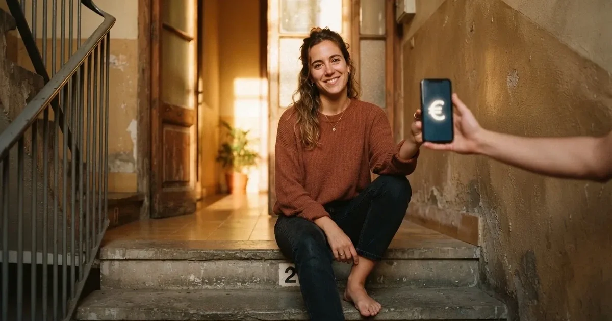 Persona joven sonríe mirando la pantalla de un teléfono móvil sentada en las escaleras de su portal por la tarde.