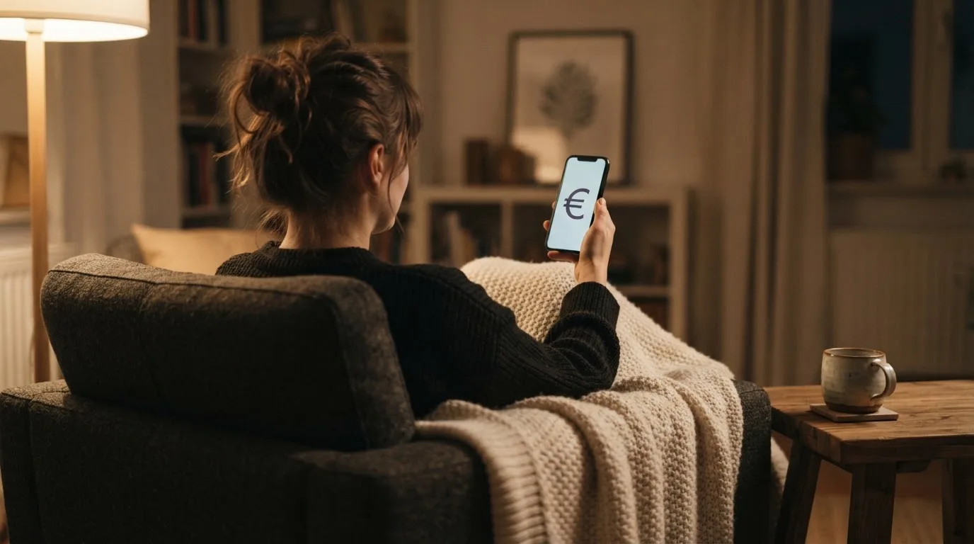 Persona sentada en un sillón cómodo consultando un teléfono móvil con una manta sobre las piernas en una sala tranquila.