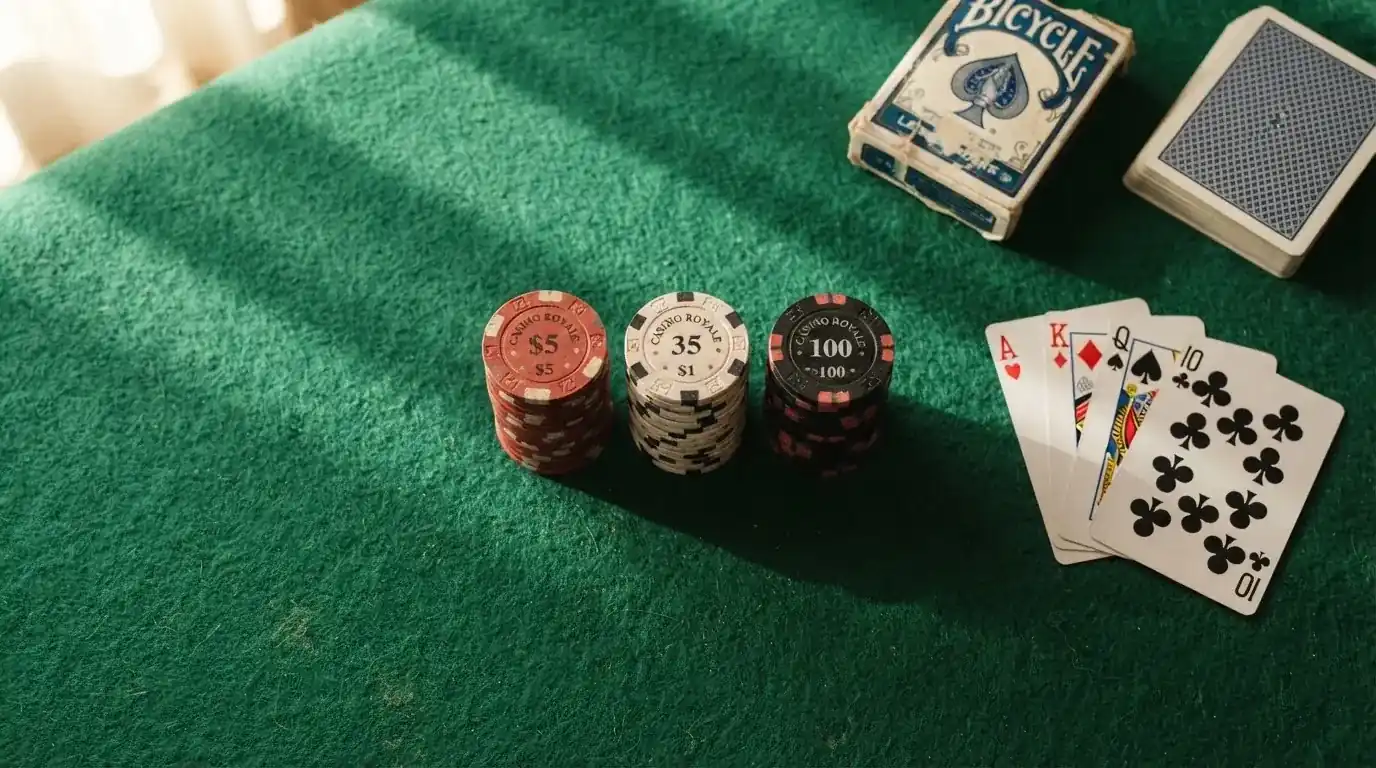 Vista cenital de una baraja de cartas y fichas de casino apiladas sobre una mesa de fieltro verde.