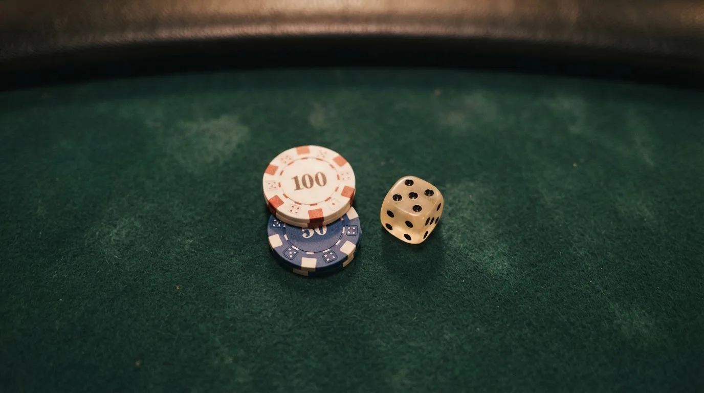 Vista cenital de fichas de casino y dados sobre una mesa de fieltro verde bajo luz suave.