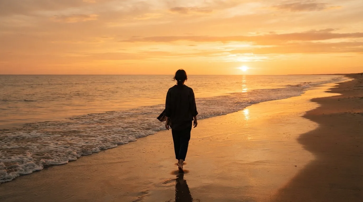 Persona caminando por la orilla del mar al atardecer en actitud relajada.