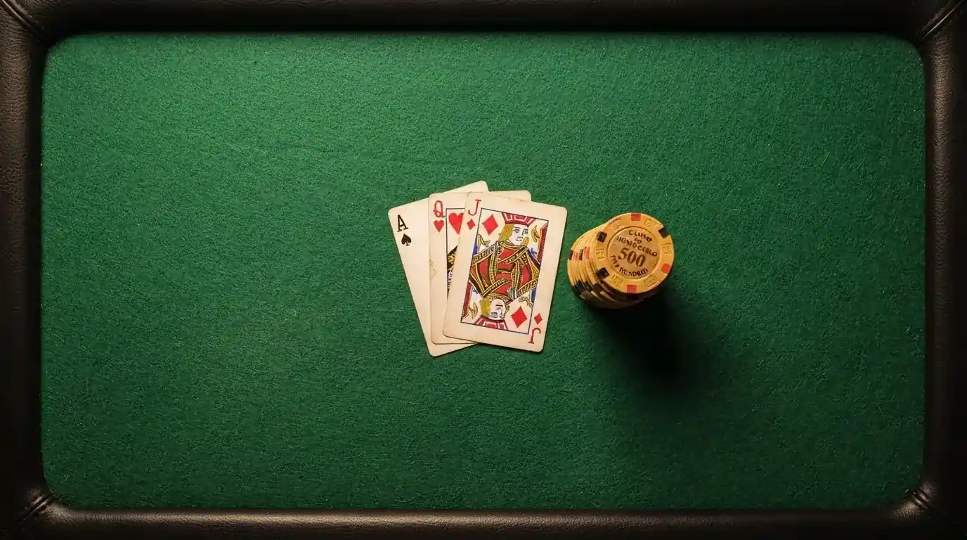 Vista cenital de fichas doradas y una baraja de cartas sobre una mesa de fieltro verde.