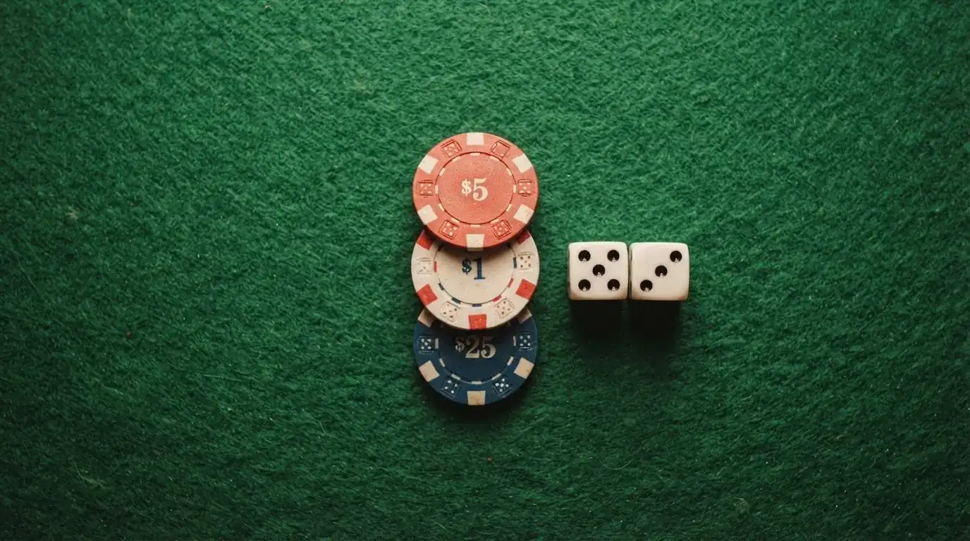 Vista cenital de fichas de casino y dados sobre una mesa de fieltro verde bajo luz suave.