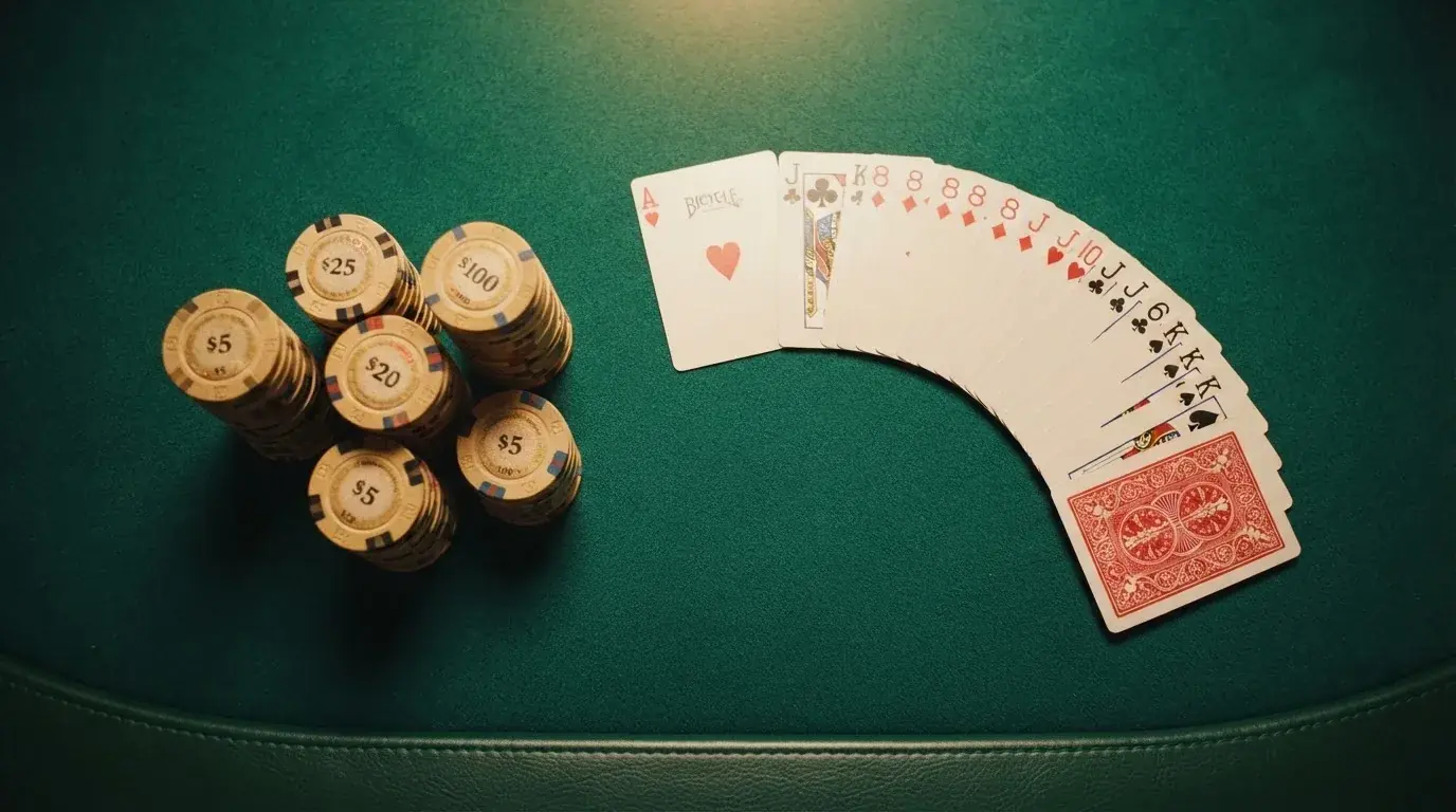 Vista cenital de fichas doradas y una baraja de cartas sobre una mesa de fieltro verde.