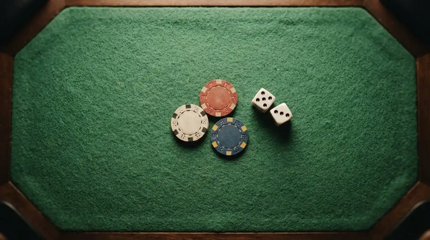 Vista cenital de fichas de casino y dados sobre una mesa de fieltro verde bajo luz suave.