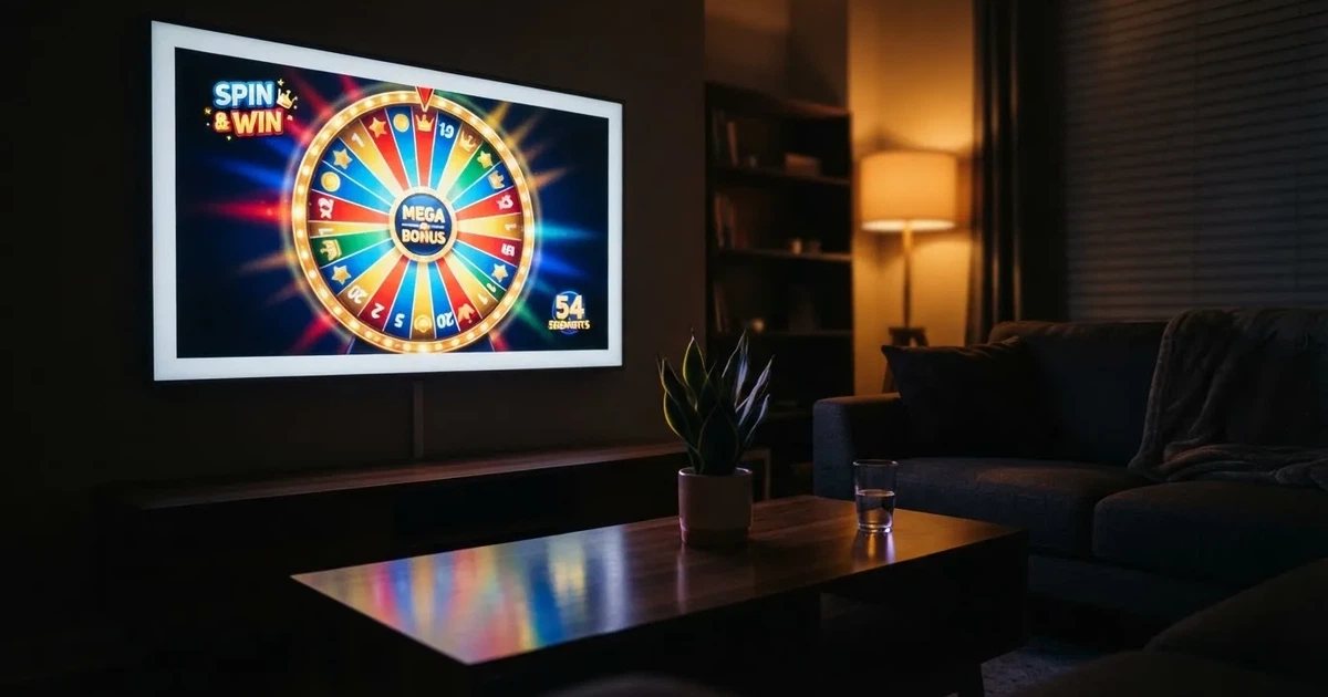 Una pantalla de televisor en un salón moderno muestra una rueda giratoria de colores brillantes bajo luces de neón por la noche.