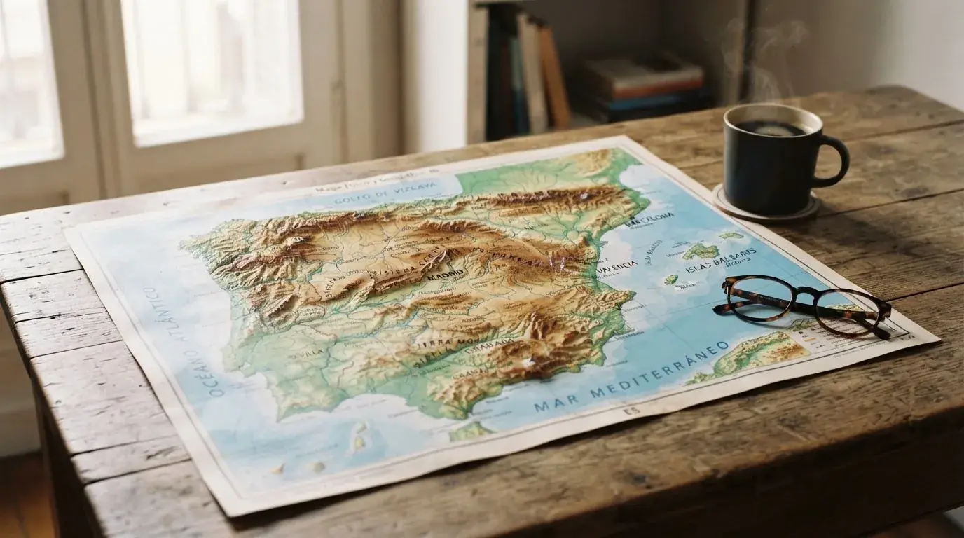 Un mapa físico de España sobre una mesa de madera junto a una taza de café y unas gafas, con luz natural entrando por una ventana.