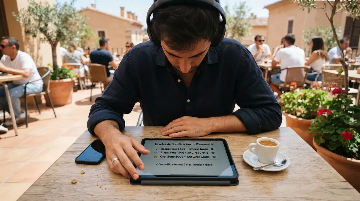 Una persona con auriculares revisa una lista en una tableta apoyada sobre una mesa de café en una terraza soleada.