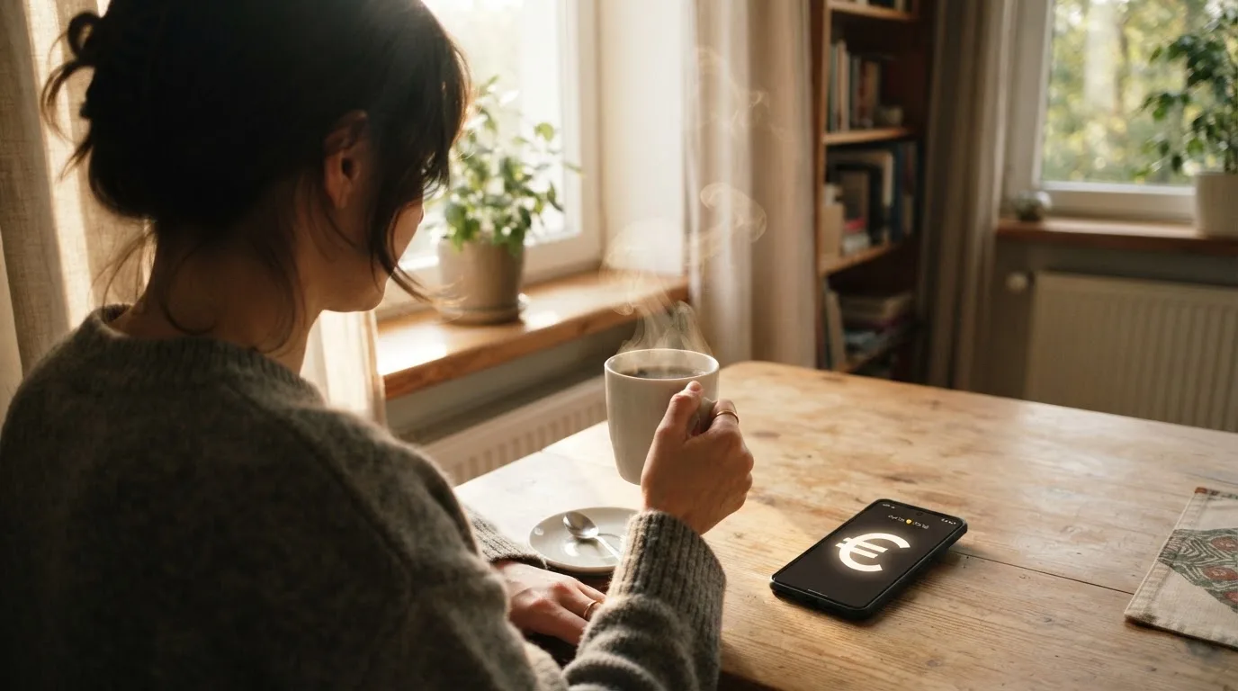 Una persona sostiene una taza de café mientras mira un teléfono móvil sentada junto a una ventana con luz de mañana.