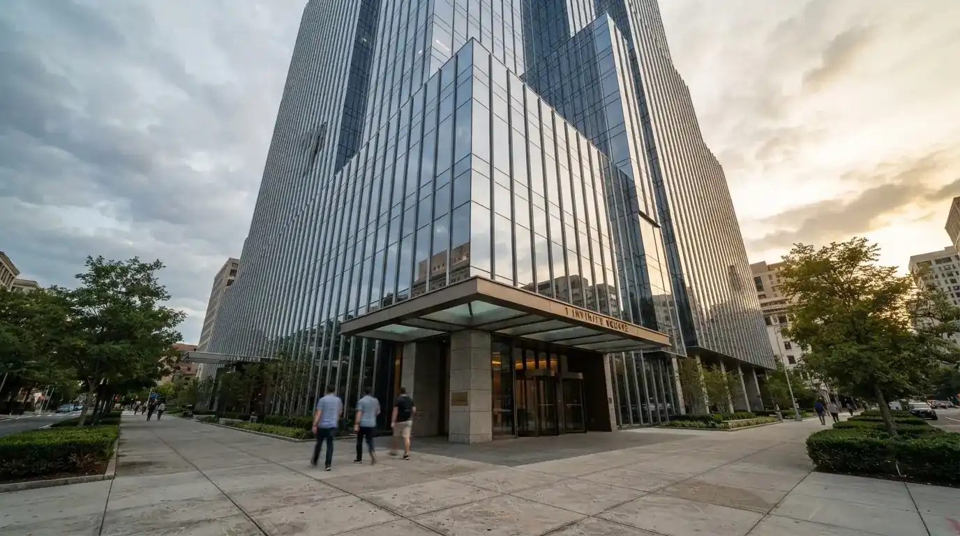 Un edificio de oficinas con fachada de cristal reflejando nubes, fotografiado desde una acera ancha por la tarde.