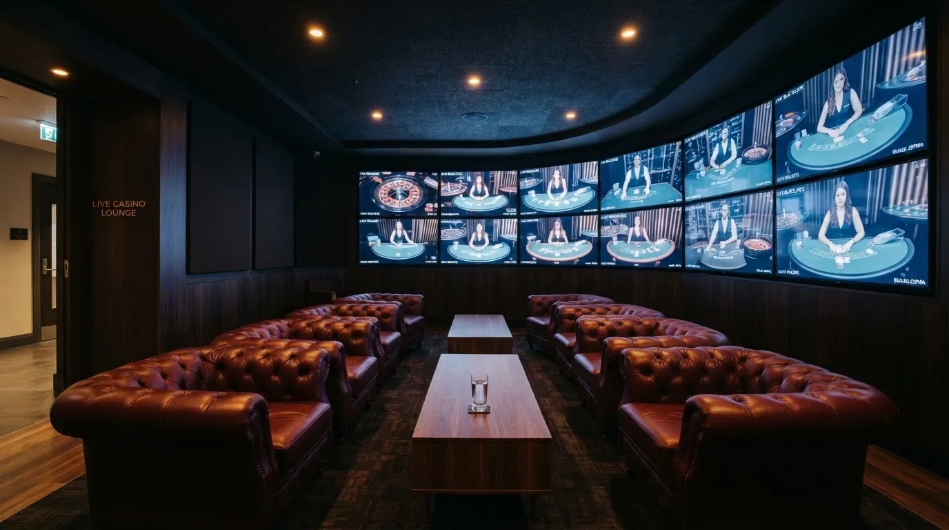 Fotografía de un salón de casino moderno con pantallas de transmisión en directo y sillones cómodos, ambiente cálido y profesional.