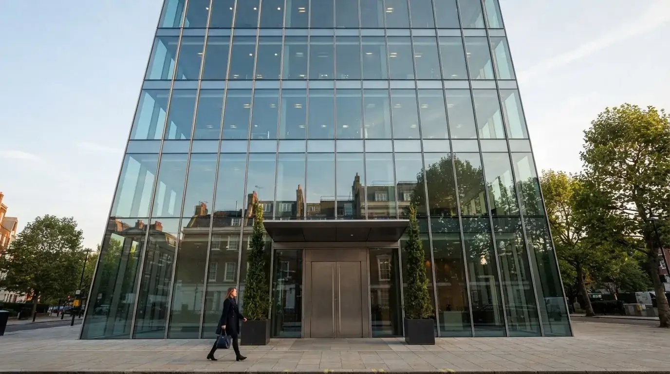 Fotografía de un edificio de oficinas corporativas con fachada de cristal, simbolizando la regulación y la supervisión del sector del juego.