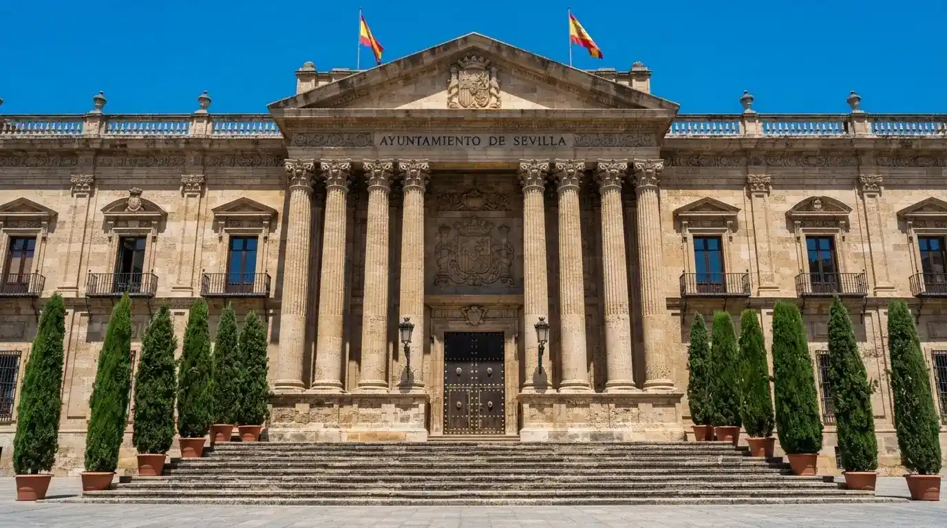 Fotografía de la fachada de un edificio institucional español con columnas clásicas bajo un cielo despejado.