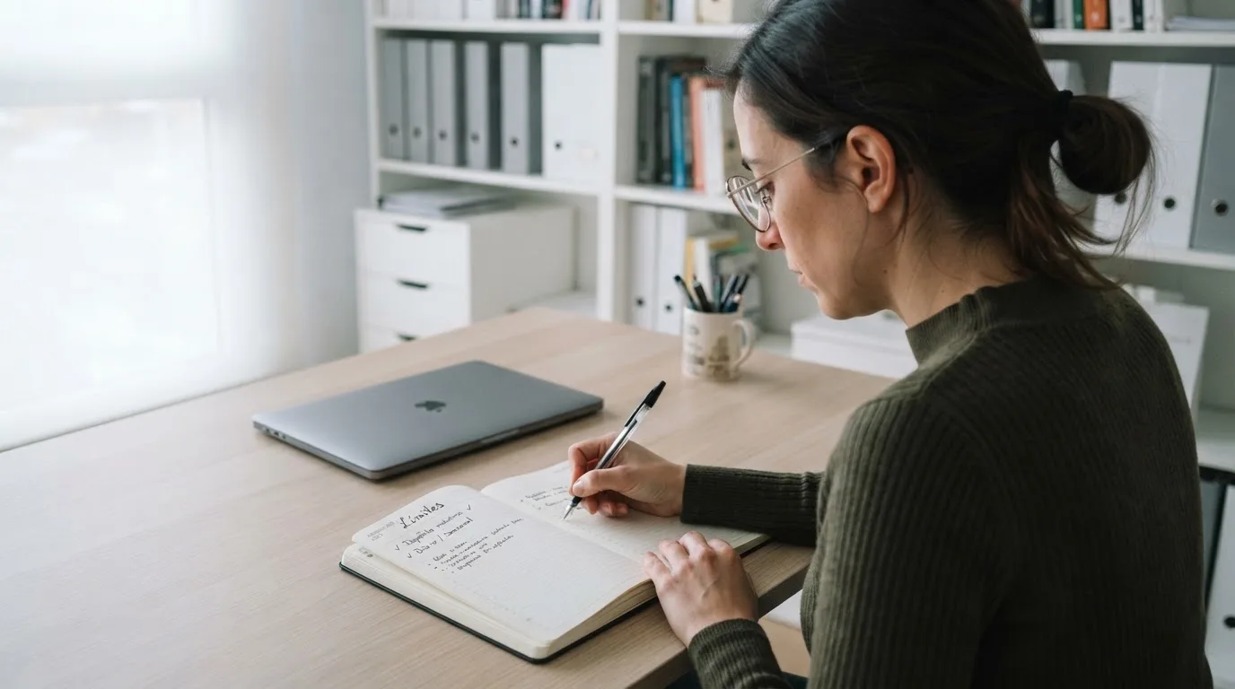 Una mujer con gafas revisa su agenda en un escritorio de oficina moderna con estanterías al fondo.