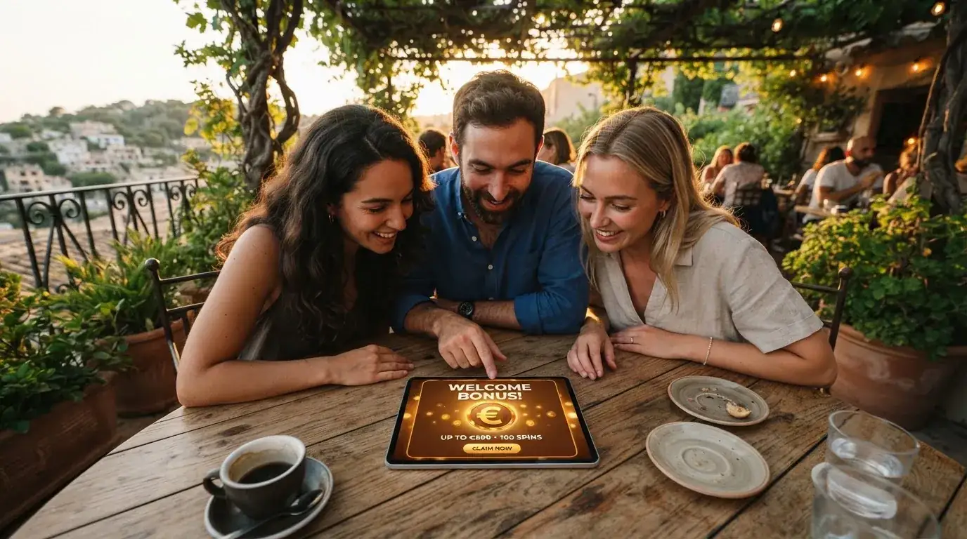 Un grupo de amigos revisa algo en una tableta sobre una mesa de madera en una terraza al aire libre.