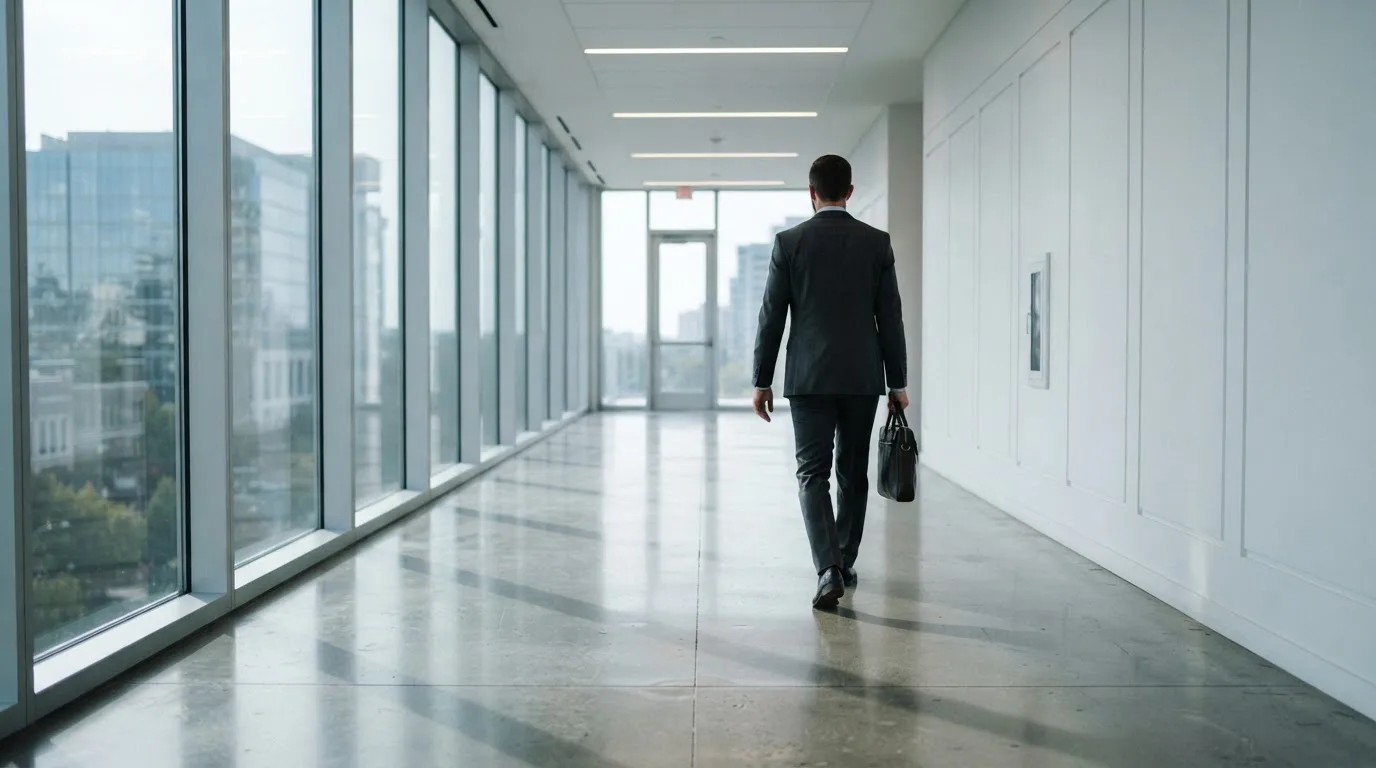 Un hombre con traje camina por el pasillo de un edificio de oficinas moderno con grandes ventanales.