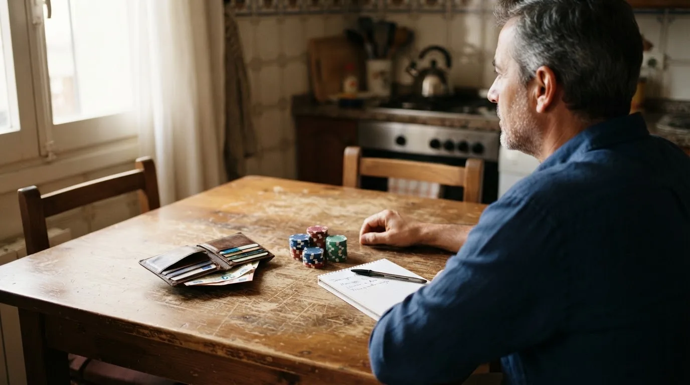 Un hombre revisa su cartera con tarjetas y monedas sobre una mesa de madera en casa.