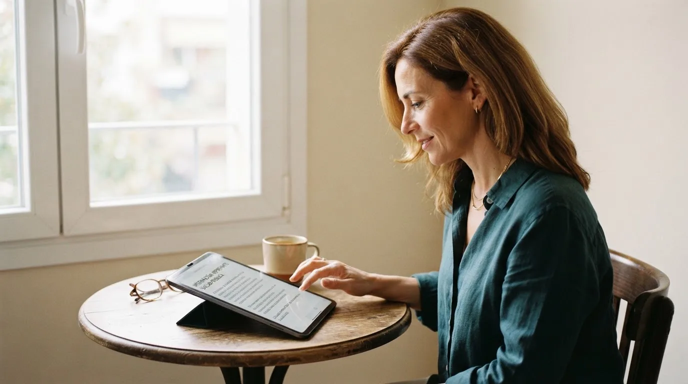 Una mujer consulta información oficial en la pantalla de su tableta, sentada junto a una ventana con luz natural.