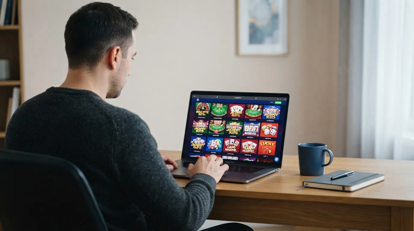 Un hombre explora distintos juegos gratuitos de casino en la pantalla de su ordenador portátil, sentado en su escritorio.