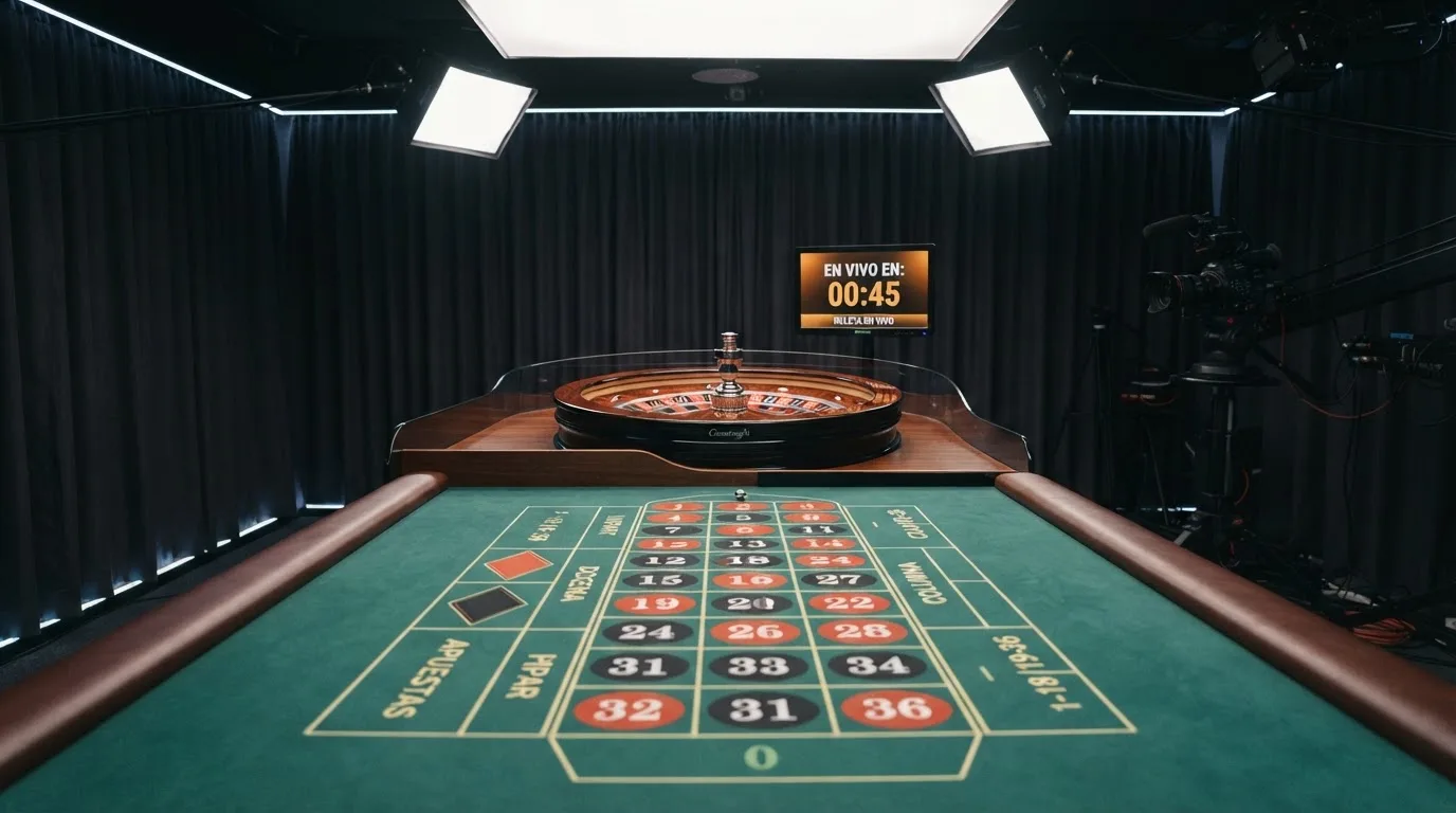 Una mesa de ruleta en vivo vacía momentos antes de empezar la retransmisión, con luces de estudio profesional encendidas.