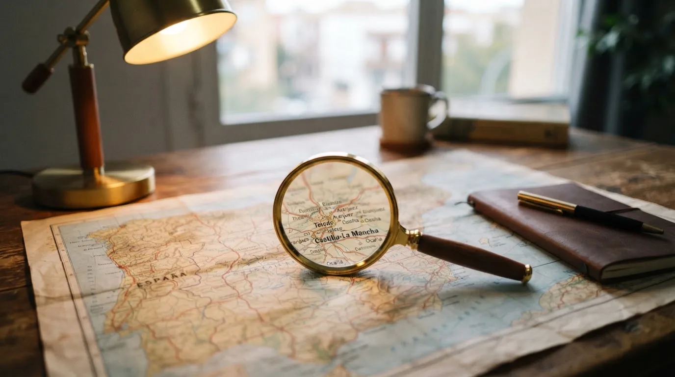 Una lupa sobre un mapa de España iluminado en un escritorio de oficina, con una ventana al fondo desenfocada.