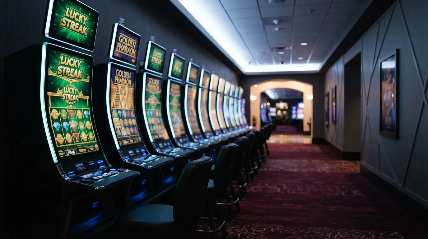 Una hilera de máquinas tragaperras modernas con luces de colores encendidas, fotografiada en un pasillo de casino vacío.