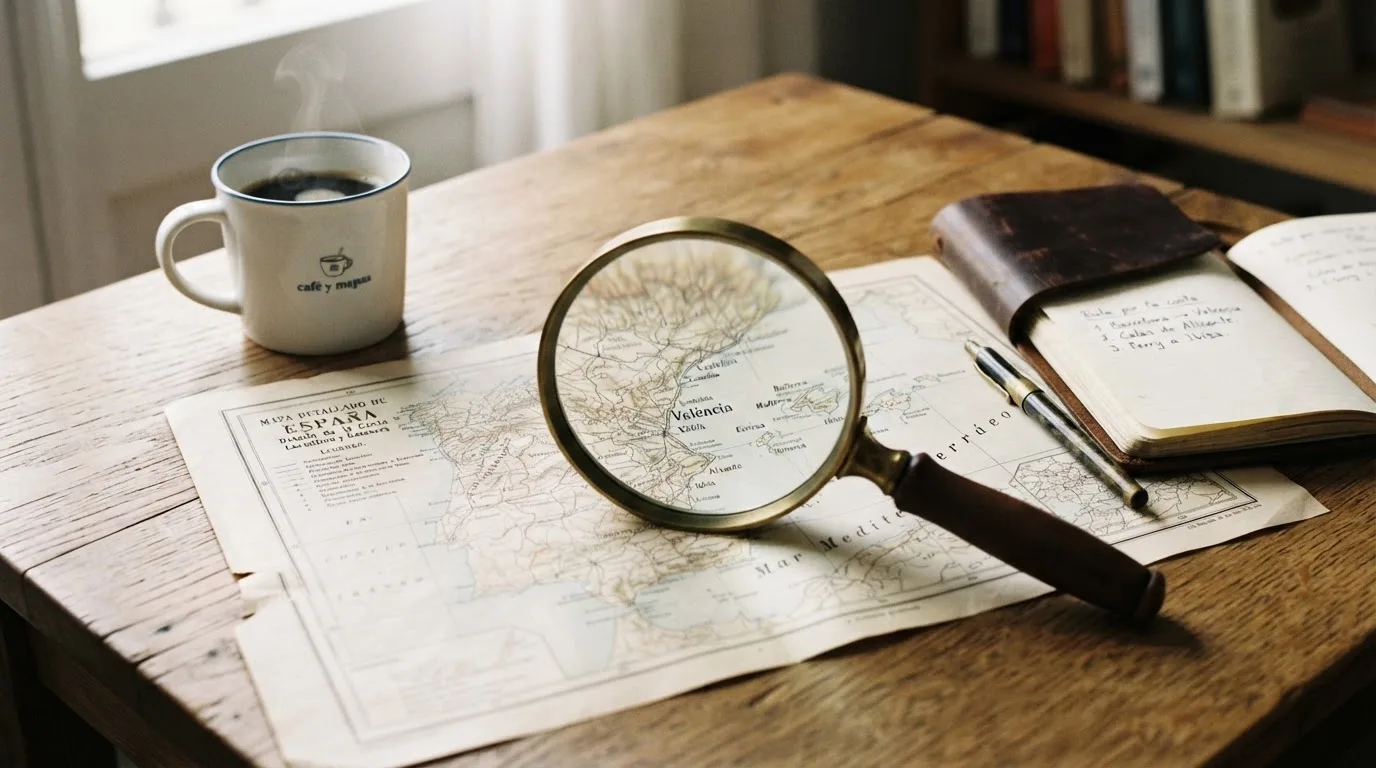 Una lupa sobre un mapa de España colocado en un escritorio de madera junto a una taza de café humeante.